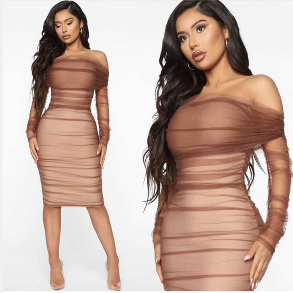 

casual dresses brown mesh sleeve off the shoulder rayon bandage dress elegant club party, Black;gray