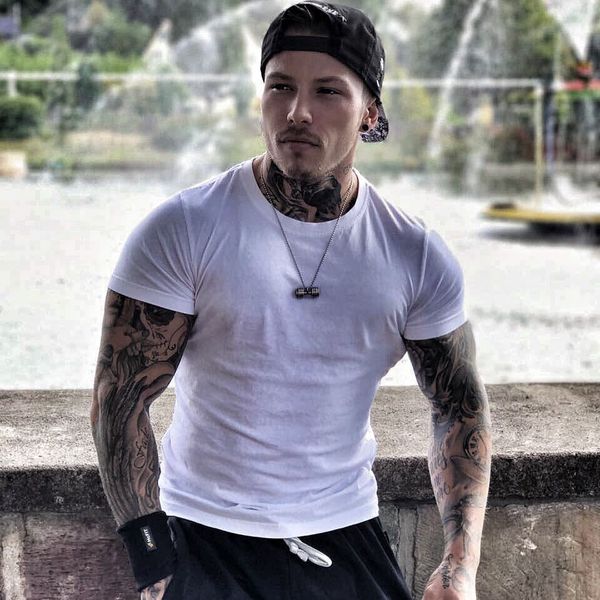 

kdeoe msct fitness tide brand solid color sports men's muscle dog brothers running training clothing short t-shirt t-shirt sleeve quick, Black