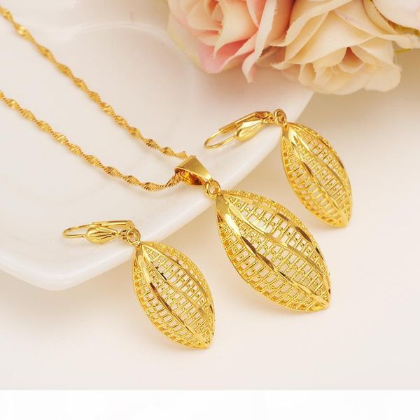 

a bead necklace pendant earrings melon muscle jewelry set ethiopian party gift 14 k yellow solid fine gold filled fashion leaf, Silver
