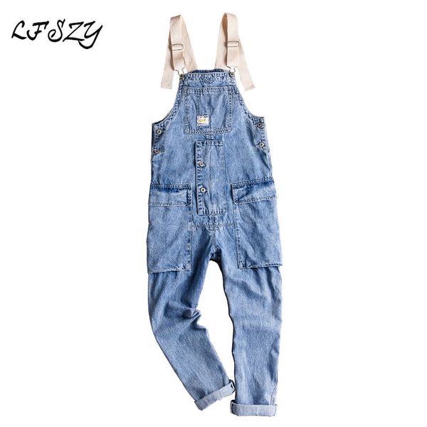 

jeans men 2020 new american retro tooling jumpsuit men's hip hop loose bib light korean version of the suspenders size s-xxl, Blue