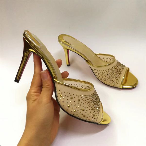 

алмазные сетки воздуха на высоких каблуках обувь женщина тонкий каблук peep toe нескользкую на мулов chic летние rhinestone тапочки женщины, Black