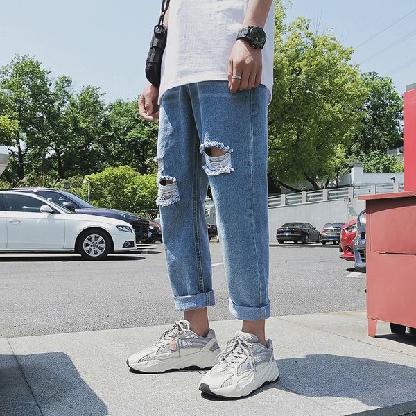 

summer ins trendy nine-point ripped men's korean style loose harajuku bfstyle straight casual dad jeans and jeans pants, Blue