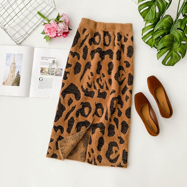 

autumn winter women leoaprd skirt elastic high waist knitting femme jupe kawaii skirt pencil jupe bottom knitted sweater, Black