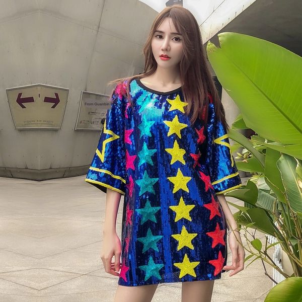 

flhn1 women's performance 2019 summer new fashion brand casual clothes stage clothest-shirt stage clothes all-match short sleeve sequin, White