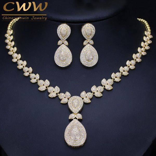 

cwwzircons noble micro pave cubic zirconia stones luxury dubai gold color bridal wedding necklace jewelry sets for women t157 t200302, Slivery;golden