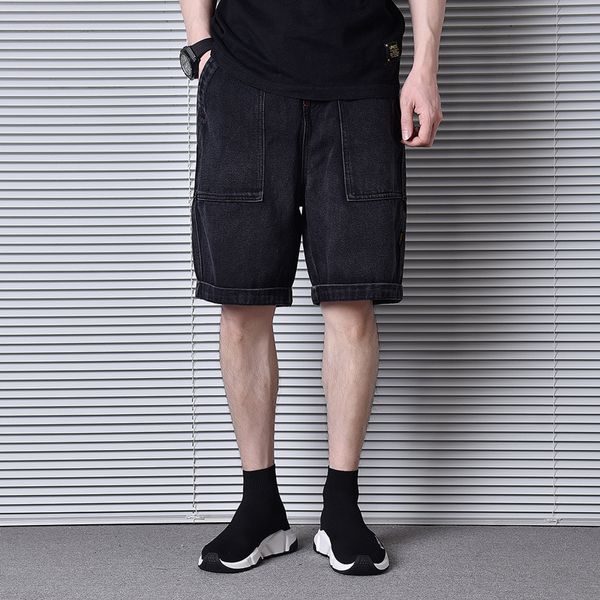 

summer black fashion men jeans loose fit big pockets cargo denim shorts hombre japanese vintage designer hip hop short jeans men, Blue