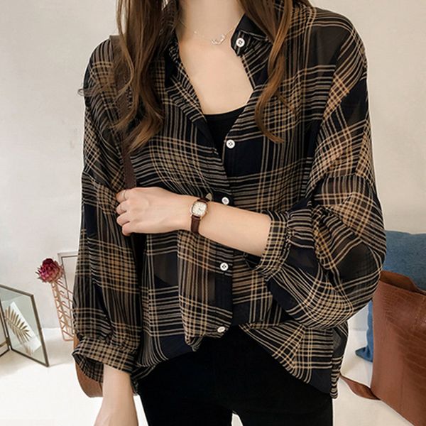 

blackday 2021 autumn chic plaid shirts women batwing sleeve chiffon blouses casual chemise femme plus size tartan blusas mujer, White