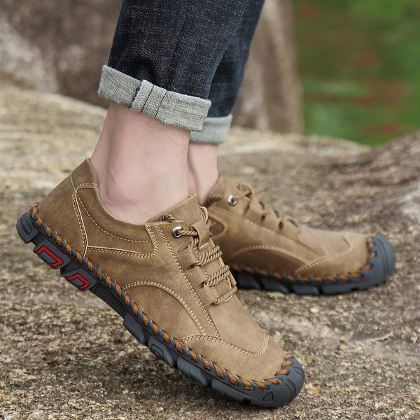 

men shoes split leather casual shoes lace up handmade sewing breathable men loafers comfort walking flats moccasins, Black