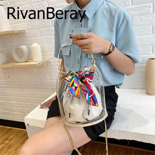 

contrast color scarves composite bag with metal handle bucket bag pvc transparent bags for women 2020 clear jelly shoulder bags