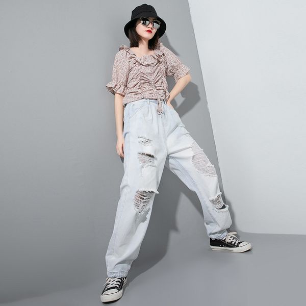 

women's high waist was thin and destroyed destroyed hole jeans long stretch wide leg jean casual straight trousers pant s188, Blue