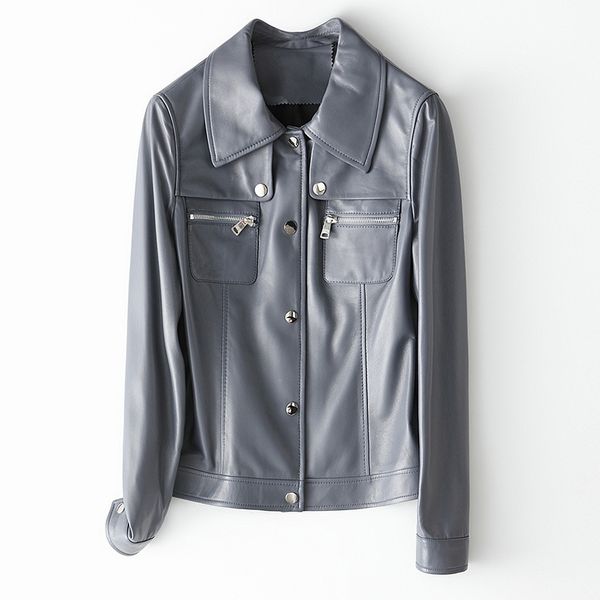 

red-brown lavender color 100% sheepskin short coat women ladies real genuine leather zipper pocket jacket size m-3xl, Black