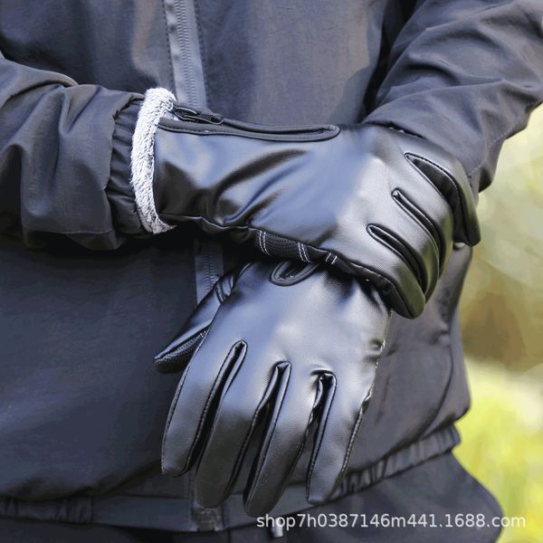 

touch warm bicycle screen winter cycling waterproof golf leather gloves men's outdoor warm gloves, Black