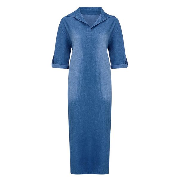 

party dresses women summer denim dress turn down collar cowboy short sleeve long fashion v-neck ankle length robe longue femme, White;black