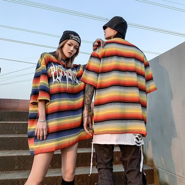 

rainbow striped color block summer tshirts men and women 100% cotton oversized streetwear t shirt short sleeve loose t-shirt, White;black
