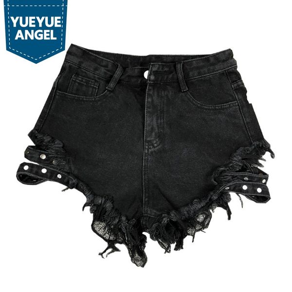 

new high street lady fashion short jeans women washed black blue denim shorts tassel bandage harajuku shorts female spring