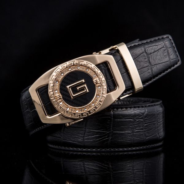 

new fashion men's youth genuine leather belt double g letter buckle belt automatic buckle casual, Black;brown