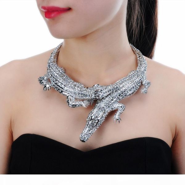 

e punk collar necklace luxury designer jewelry women fashion exaggerated full rhinestone crocodile necklaces trend statement choker gif, Blue;red