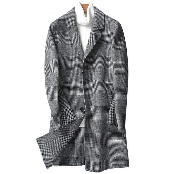 

double sided wool coat men korean man jacket houndstooth plaid long coat and jacket spring overcoat gz8812 kj1551, Black