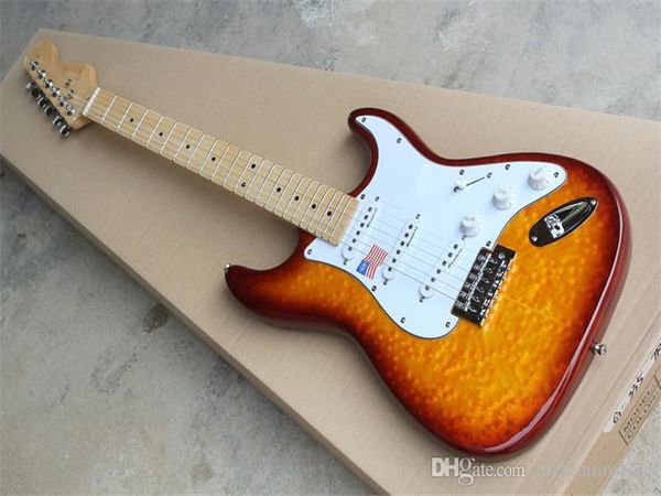 Cherry Sunburst Электрическая гитара с птичьим глазом для глаз, пикапы SSS, Hrome Hardwares, предлагая индивидуальные услуги