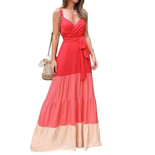 

dresses women v neck maxi dress casual contrast color lace up strap dress new women summer, Black;gray