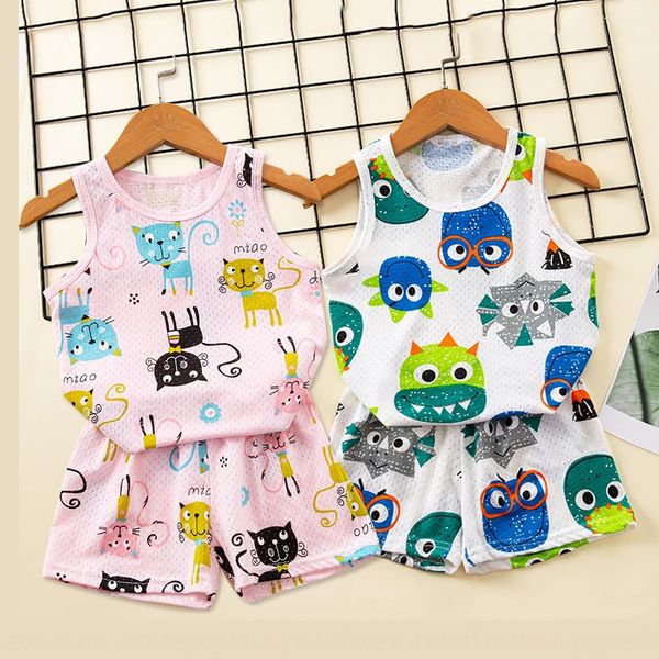 

a2 summer mesh vest and shorts two-piece set hole baby thin sleeveless boys' children's cotton shorts children's vest suit, Blue