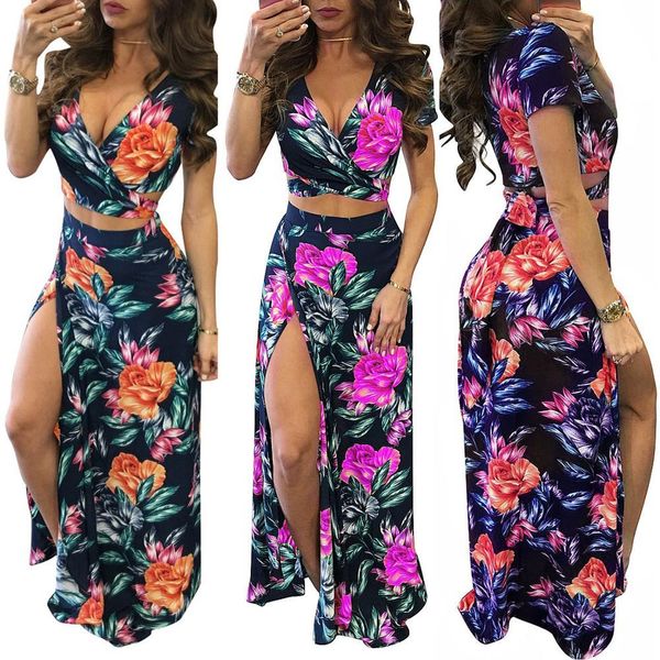 

women two piece skirt set print bandage crop long skirt 2 piece set for women skirts two pieces sets women's suits, Gray