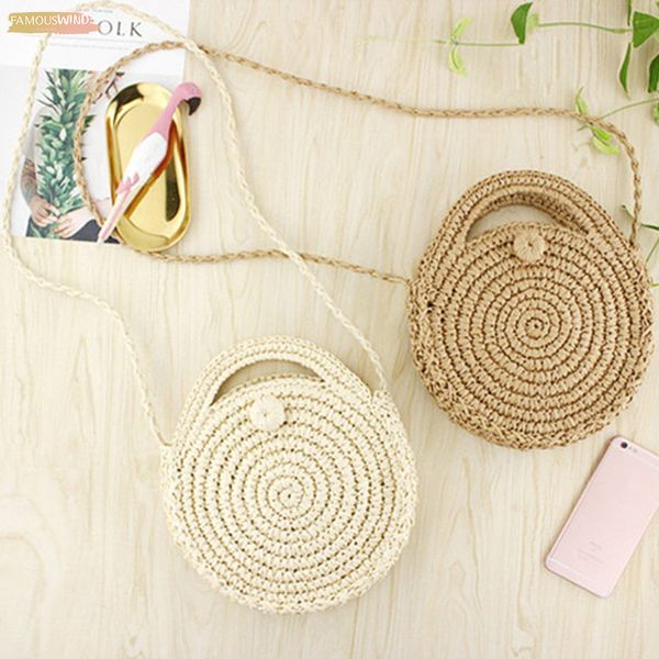 

fggs round paper rope beach bag summer mini vintage handmade crossbody straw bag girls circle rattan bag small shoulder