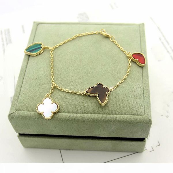 

fashion lady women brass four motifs mother of pearl carnelian tiger-eye malachite 18k gold chain bracelets with different styles charm, Black