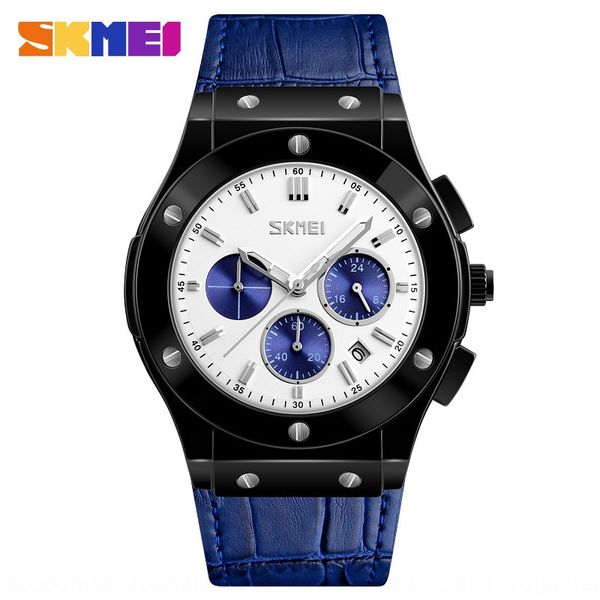 

skmei calendar shikemei 9157 business casual men's genuine six-pin big watch disc strap calendar watch, Blue