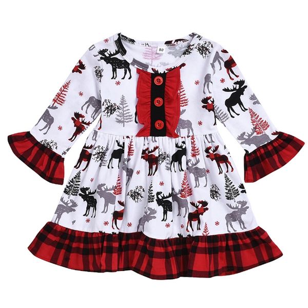 Natal bebê menina roupas dos desenhos animados veados impressos meninas mangas compridas vestidos flare manga toddler vestido boutique crianças roupas bt4785