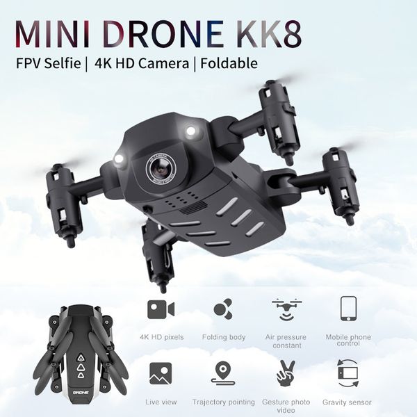 

drone dron with 4k hd camera 1080p live video drone rc helicopter aircraft quadrocopter foldable mini drone kk8 black usb metal