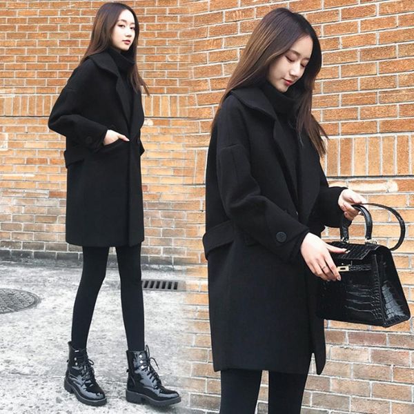 

2019 new korean wool wool style loose slimming black woolen coat mid-length woolen coat women's thickened trendy