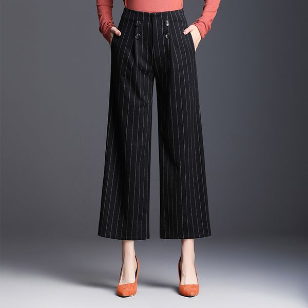 

women's pants & capris stripe straight autumn women high waist loose casual wide leg suit office lady elegant chic plus size trousers, Black;white