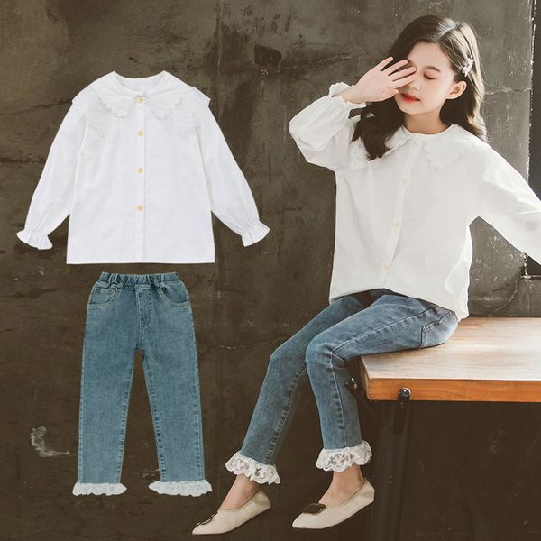 

2020 girls autumn clothing sets kids clothes 2pcs shirt blouse + lace patchwork jeans pants girl casual style children's outifts, White