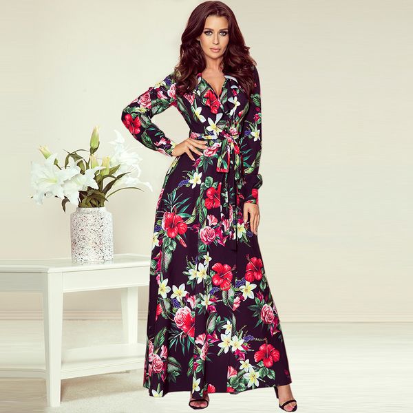 

floral v-neck womens designer dresses spring autumn ankle length women dress casual long sleeve slim clothing, Black;gray