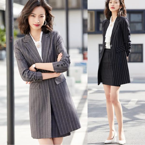 

formal grey striped blazer for women skirt suits long jacket ladies work wear business office uniform styles, White;black