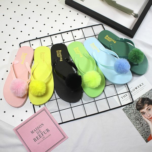 

heli shark summer new fur candy ball flip-flops women's non-slip candy color beach slippers flat women's slippers
