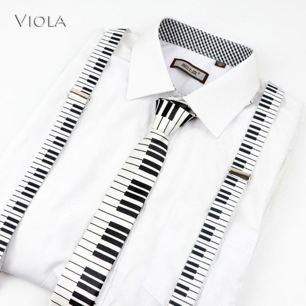 

mens music piano printed suspenders tie bowtie set polyester cotton tie y-back braces knit butterfly belt bow adjustable, Black;white