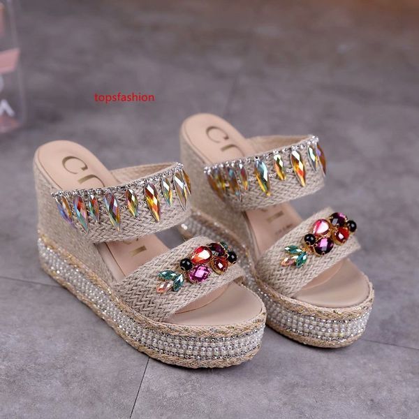 

2019 letter diamond slope high heels espadrilles fashion woman pearl diamond wedge sandals 35-40 with, Black;green