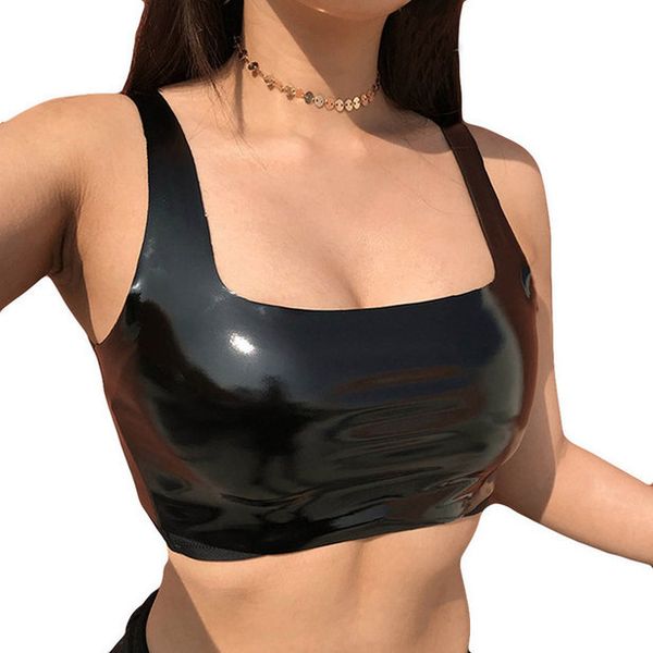 

crop womens black patent leather short cropped tank solid fashion casual round neck sleeveless tank, White