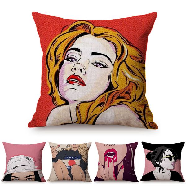 

woman art home decoration sofa throw pillow case fashion girl gallery coffee shop cotton linen car chair cushion cover