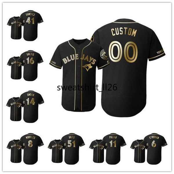 

toronto blue jays men women youth 27 vladimir guerrero jr. 22 chase anderson flex base 2019 golden edition baseball jersey, Black