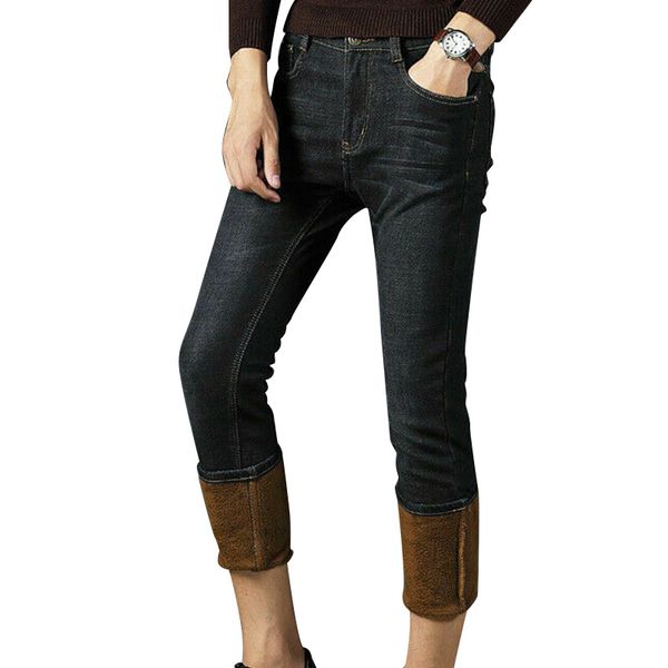 

2020 dsqvw2 brand mens winter denim pants jeans fleece lined warm straight leg trousers thicken long pants plus size, Blue