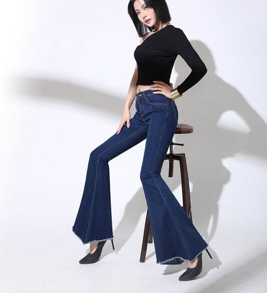 

women's 2020 autumn new fish tail flare jeans irregular burr pants elastic slim, Blue
