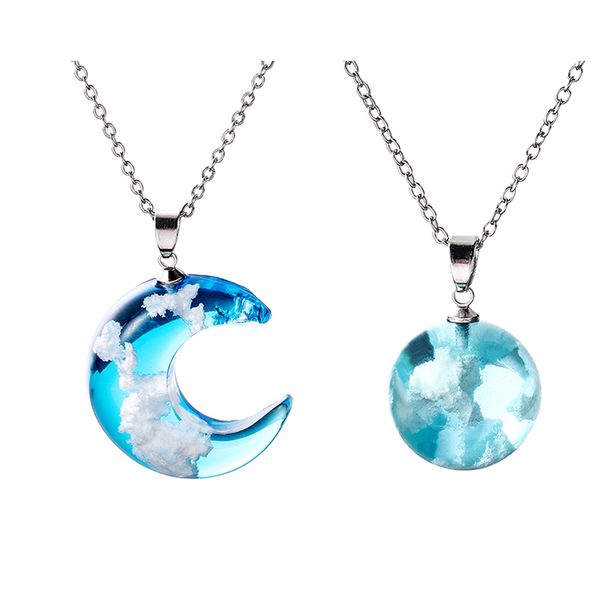 

women blue sky white cloud chain necklace chic transparent resin rould ball moon pendant necklace fashion jewelry gifts, Silver