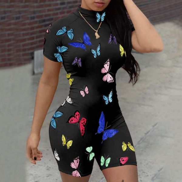 

skinny women romper clubwear butterfly print short sleeve sportwear turtleneck 2020 fashion female slim casualjumpsuit d30, Black;white