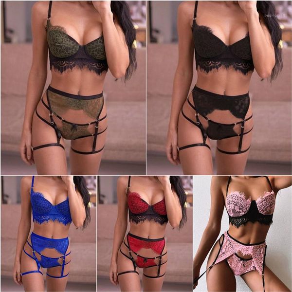 

sets for women designer solid color condole belt suits low bosom see through sets three piece lace, Black;white