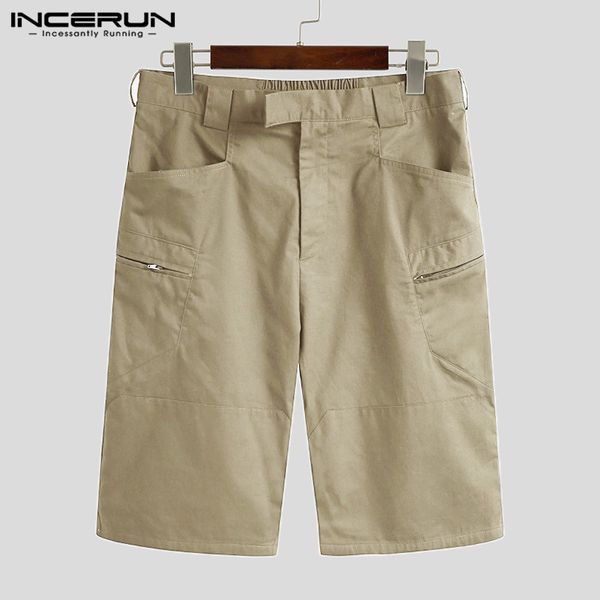 

incerun mens leisure shorts fashion baggy solid cargo overalls loose zipper knee length trouser cotton outwear shorts plus size, White;black