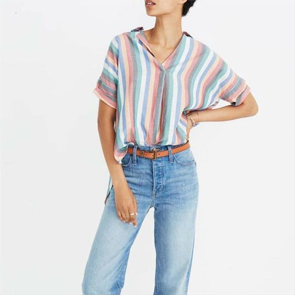 

new vogue womens colorized striped blouse fashion lady short sleeve loose shirts female summer clothes shirt 2020, White