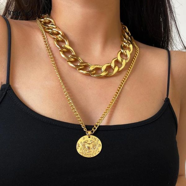 

ingesight.z 2pcs/set multi layered chunky thick miami curb cuban choker necklace cancer constellation pendant necklaces jewelry, Silver